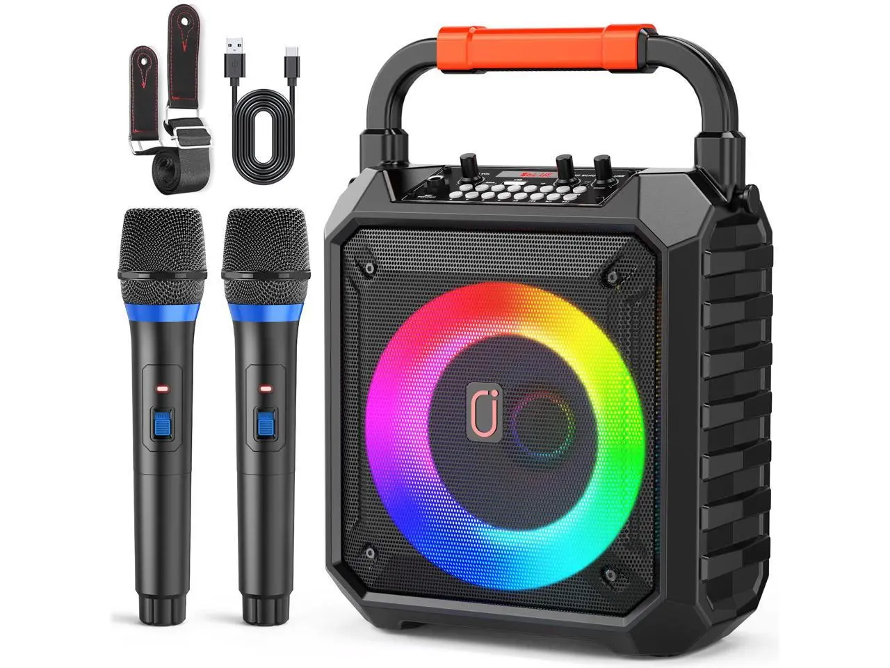 JYX Portable Karaoke Machine for Adults & Kids with 2 Wireless Microphones, Portable Bluetooth Speaker with LED Lights, Supports USB/TF Card/AUX for Party