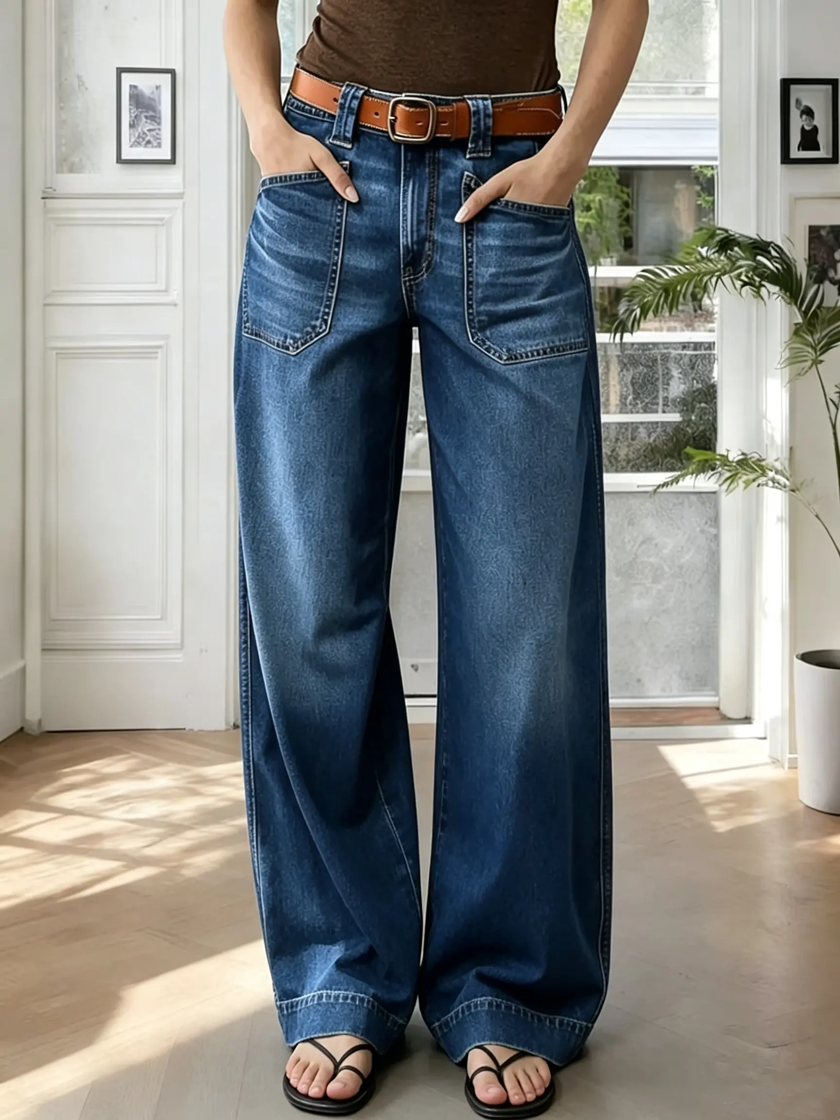 Women's High-Rise Ultra Wide Baggy Stretchy Boyfriend Jeans - Everyday Style, All-Seasons Full-Length Denim Pants with Pockets, Below-Ankle Casual Comfort Lounge Bottoms, Machine Washable