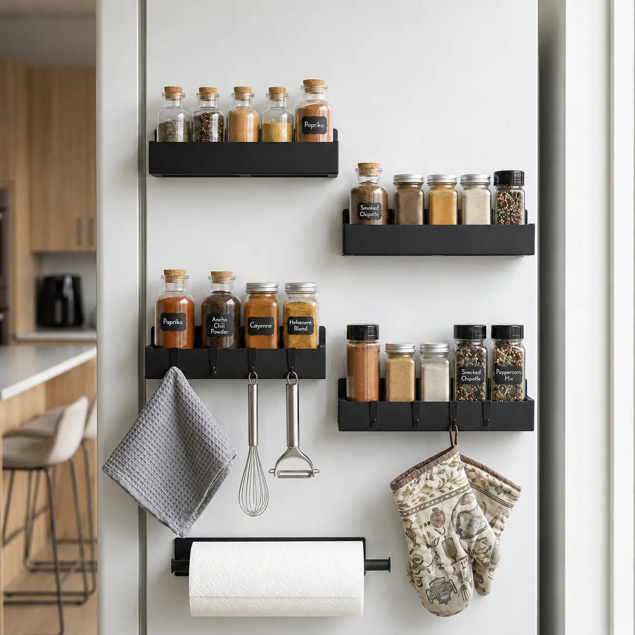 5-Pack Heavy Duty Black Metal Magnetic Refrigerator Organizer Shelves Set - No-Drill Racks for Kitchen Spices, Jars, Oils & Paper Towels Storage
