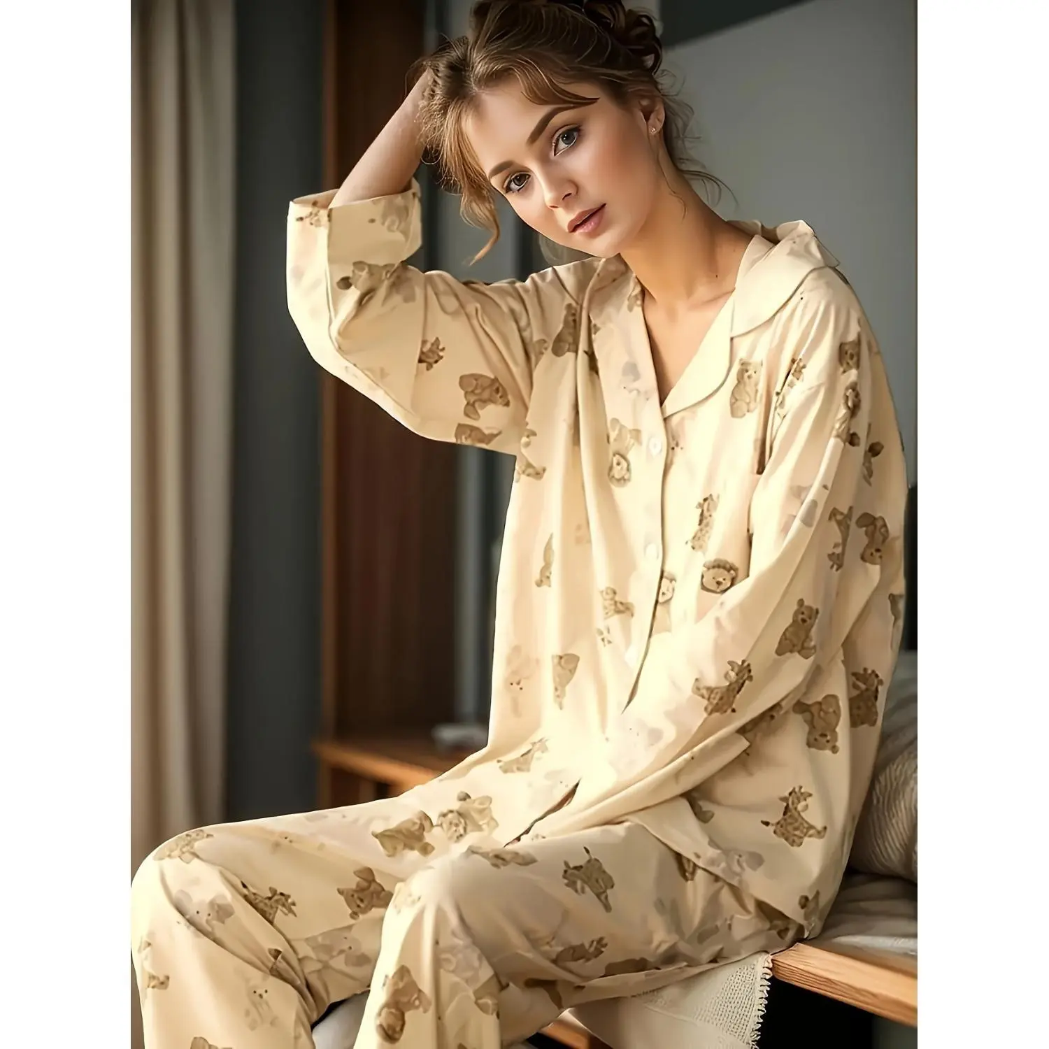 Women's Autumn/winter Long Sleeved Two-piece Cardigan Pajamas, Cute Printed Pajamas For Women