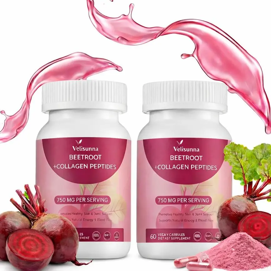 Velisunna 750mg Beetroot + Collagen Peptides Capsules | Circulation Support, Healthy Skin & Joint Support | Daily Energy Support | Non-GMO | 60 Capsules (30-Day Supply) | For Men & Women