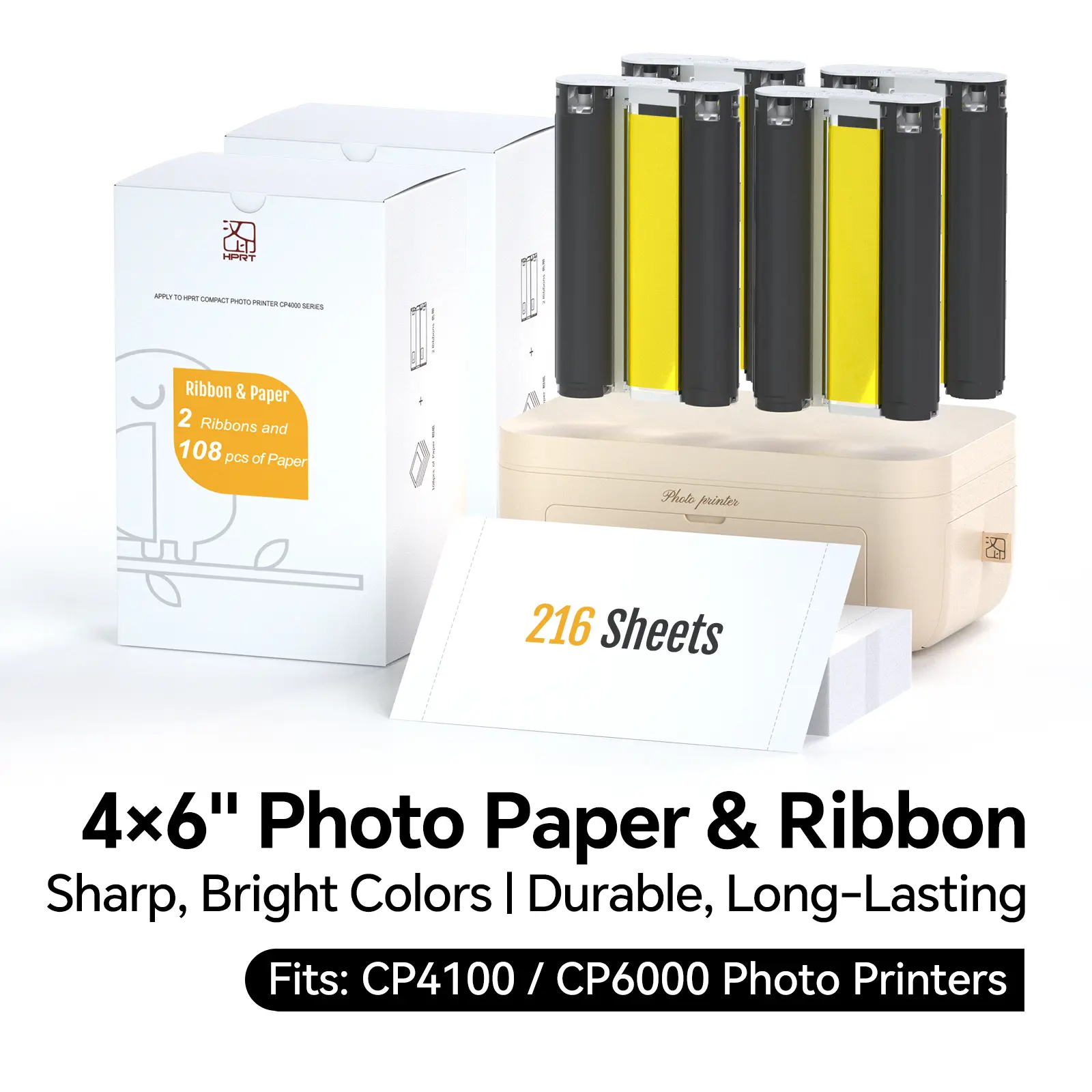 HPRT Hanin 4x6" Photo Paper & Ribbons Refill Kit for CP4100/CP6000 - 216 Sheets, 4 Cartridges, 300 dpi Resolution, 256 Vibrant Colors, Waterproof & Anti-Oxidation, Protective Film, High-Quality Thermal Transfer (Computers & Office Equipment), Print Qualit