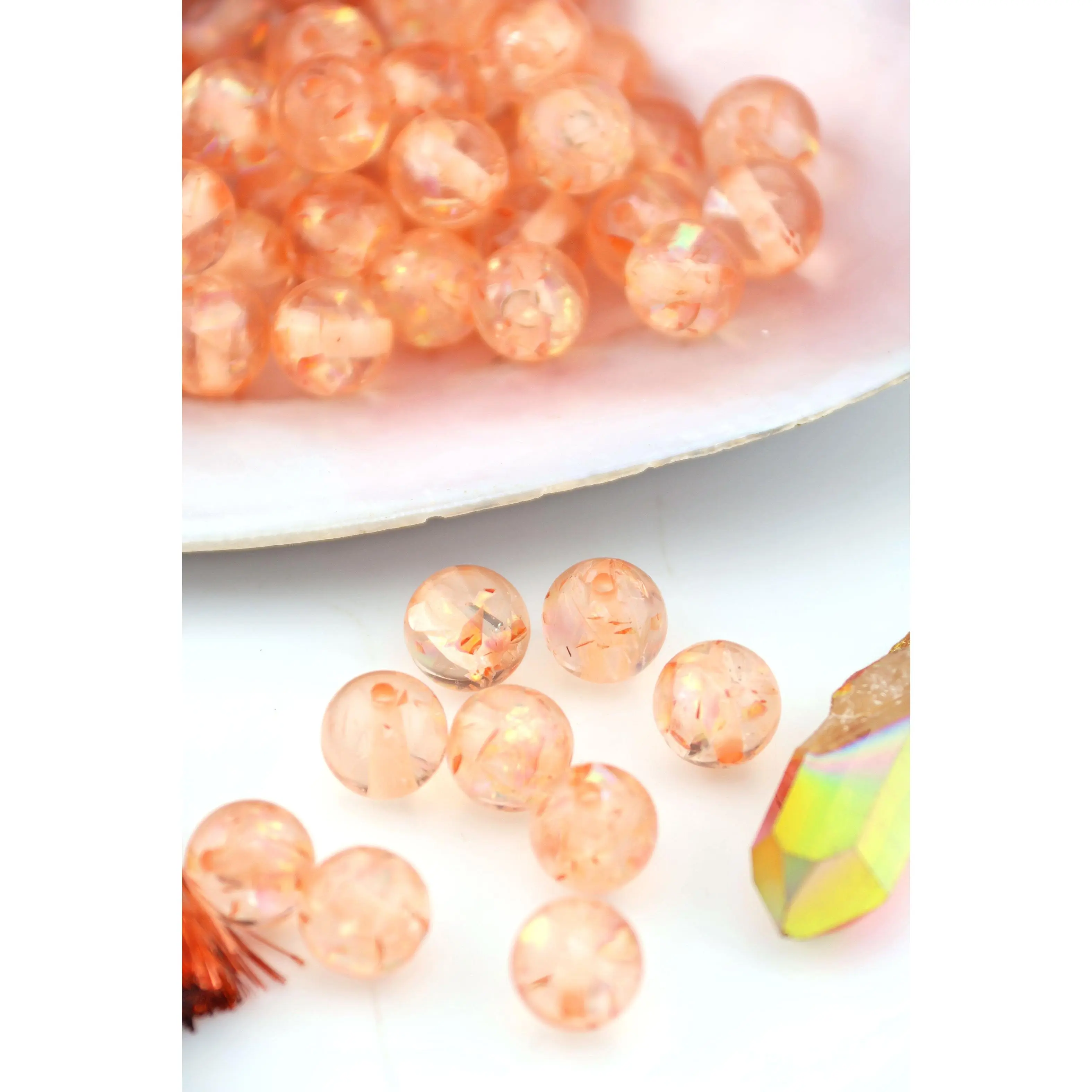 12mm Peach Glitter Confetti Beads, Italian Poly Resin Round, 5 Pcs.