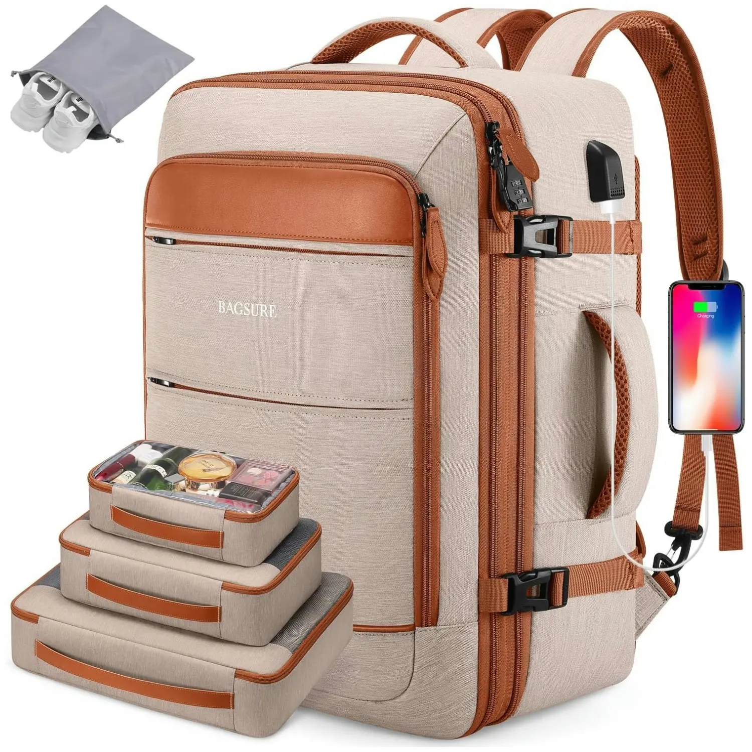 BAGSURE 42L Airline Approved Synthetic Travel Backpack - Water-Resistant Polyester Carry On Luggage, Hidden Straps, 3 Packing Cubes, 17" Laptop Compartment, Double Zipper, USB Port, TSA-Friendly EDC Gear for Adults, International Travel Personal Item Bag,