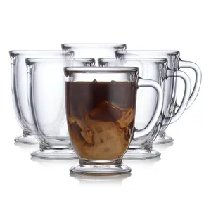 Libbey Kona Glass Coffee Mugs Set of 6, Elegant 16 Ounce Clear Tea Mug, Dishwasher Safe Glass Mugs with Handles for Tea, Coffee,and Espresso