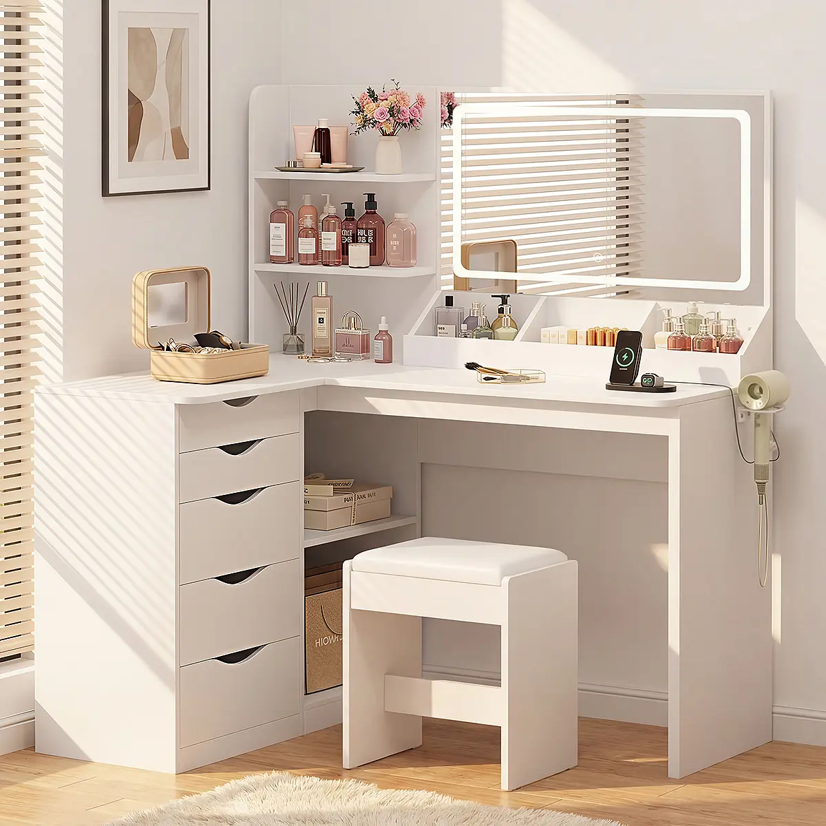 Furmax Makeup Vanity with Lighted Mirror, Dressing Table with 3 Color Lighting Modes & Brightness Adjustable, 5 Large Storage Drawers & Cushioned Stool for Bedroom Dressing Room, White Space-Saving Desk Set