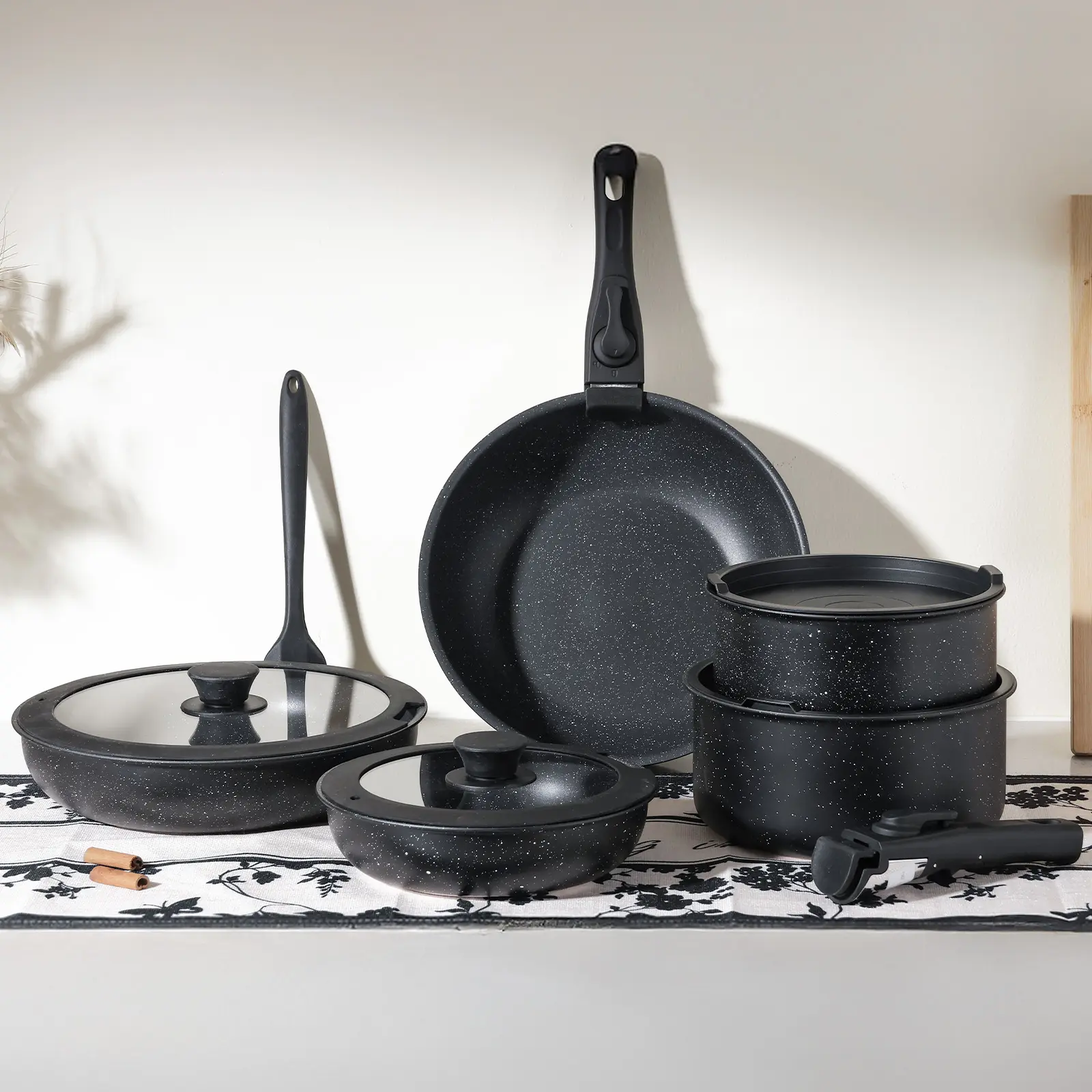 12pc Nonstick Cookware Set with Removable Handles, Stackable Pots and Pans Set for Induction, Gas & Electric, PFOA Free Granite Kitchen Set