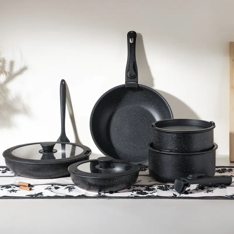 12pc Nonstick Cookware Set with Removable Handles, Stackable Pots and Pans Set for Induction, Gas & Electric, PFOA Free Granite Kitchen Set