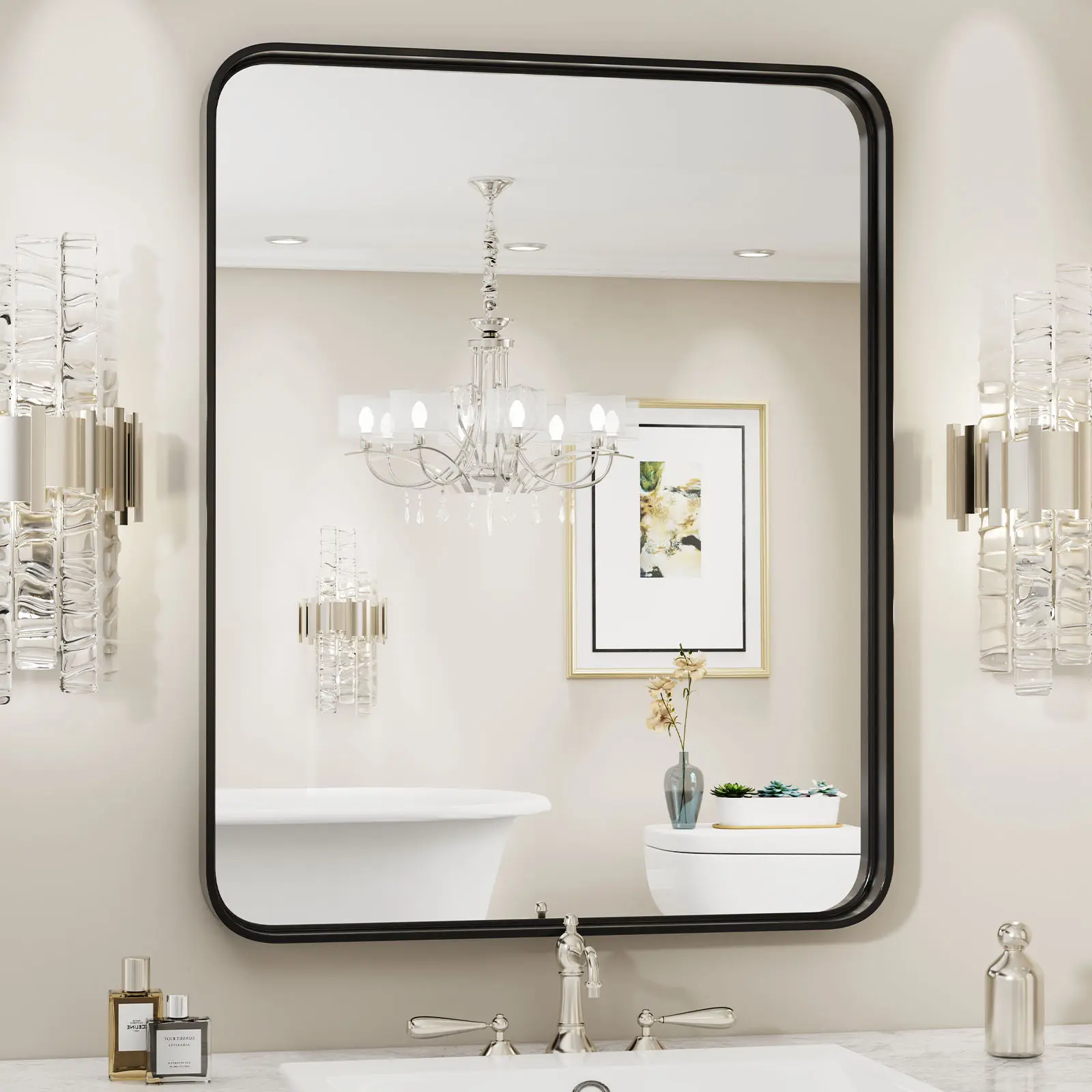 Bathroom Mirror Vanity Mirror for Wall, Aluminum Alloy FramedFarmhouse, Rounded Rectangle ，Anti-Rust,Tempered Glass,Hangs Horizontally or Vertically