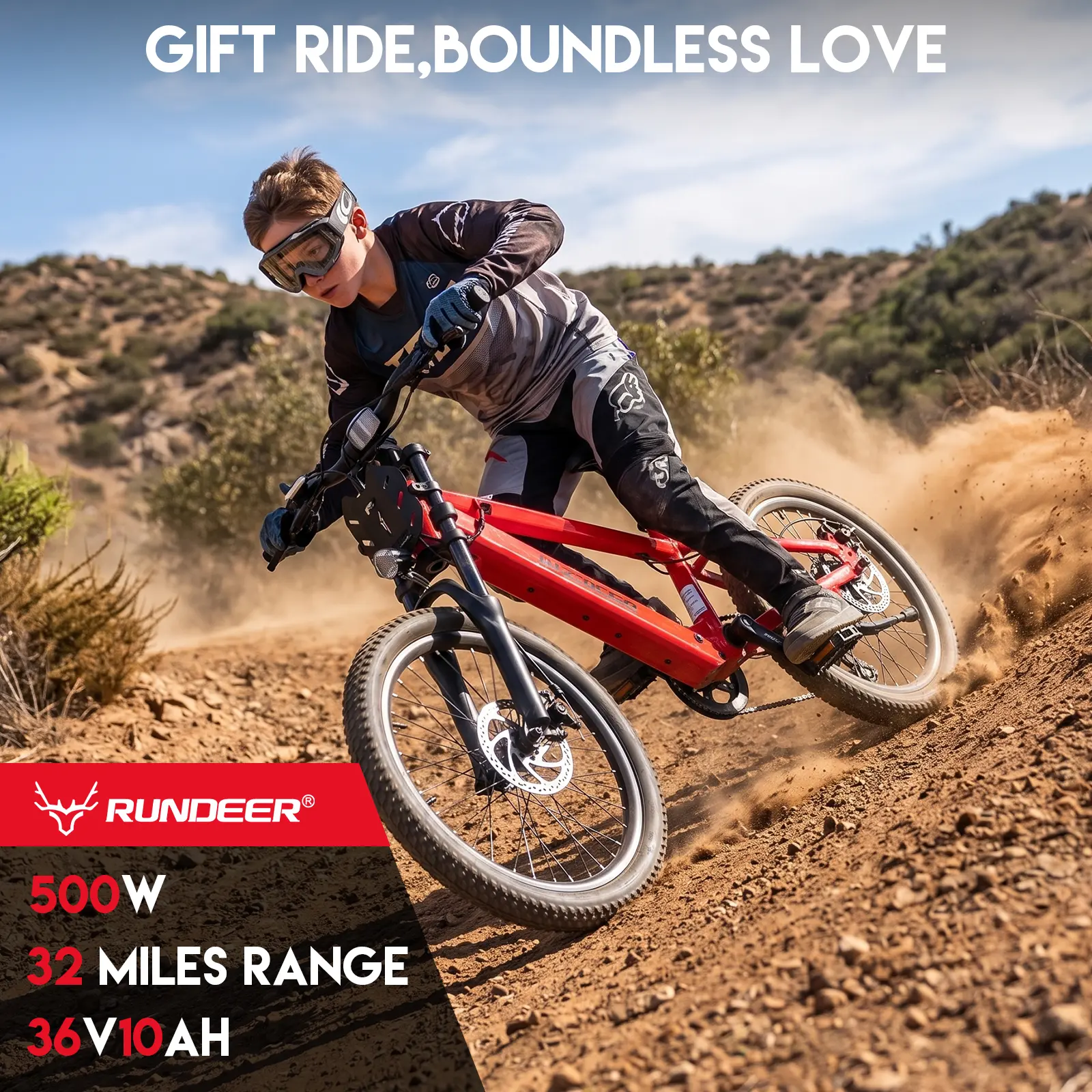 RUNDEER electric bike for kids, 500W Peak Power XC Electric Mountain Ebike outdoor rid, 20MPH,32Miles Range 36V10Ah Battery,Lightweight Aluminum Alloy Frame,Suitable for ages 6–13，Kids Electric Dirt Bike Perfect for School Commuting