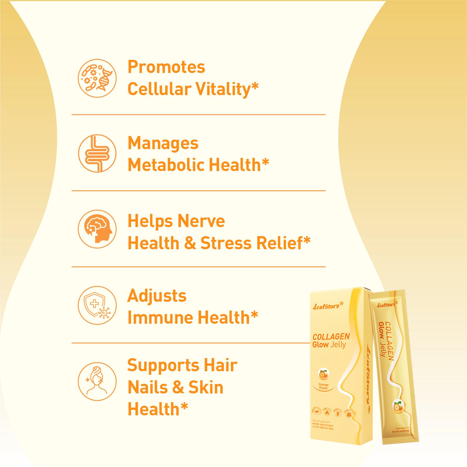 LeafStory Collagen Glow Reset Jelly (2 Sticks): Orange Flavor, Collagen, Support Skin Health & Elasticity, Support Hair & Nails, Stress Relief & Nerve Health, Sugar-Free, Gluten-Free, Non-GMO, Gelatin-Free, Natural Ingredients