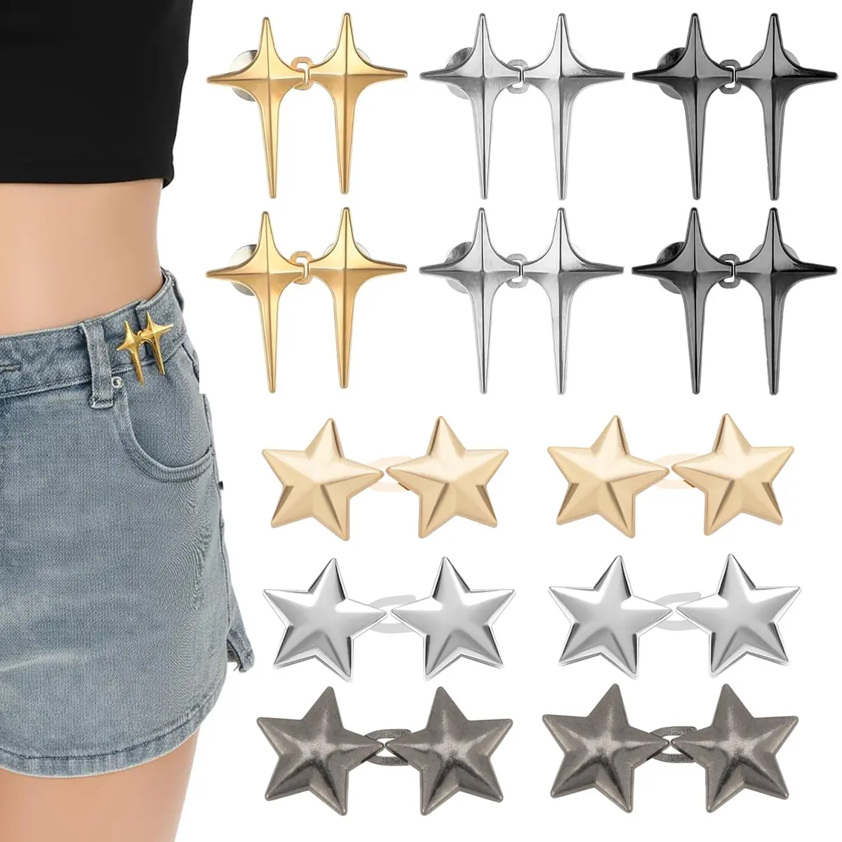 12-Set Female Metal Star Button Waist Tightener Pins - Quick Waist Cinch, Adjustable Buckle, Reusable Clothing Clip Fits Jeans, Dresses, Skirts (Teenage Girl Gift Option), Fashion