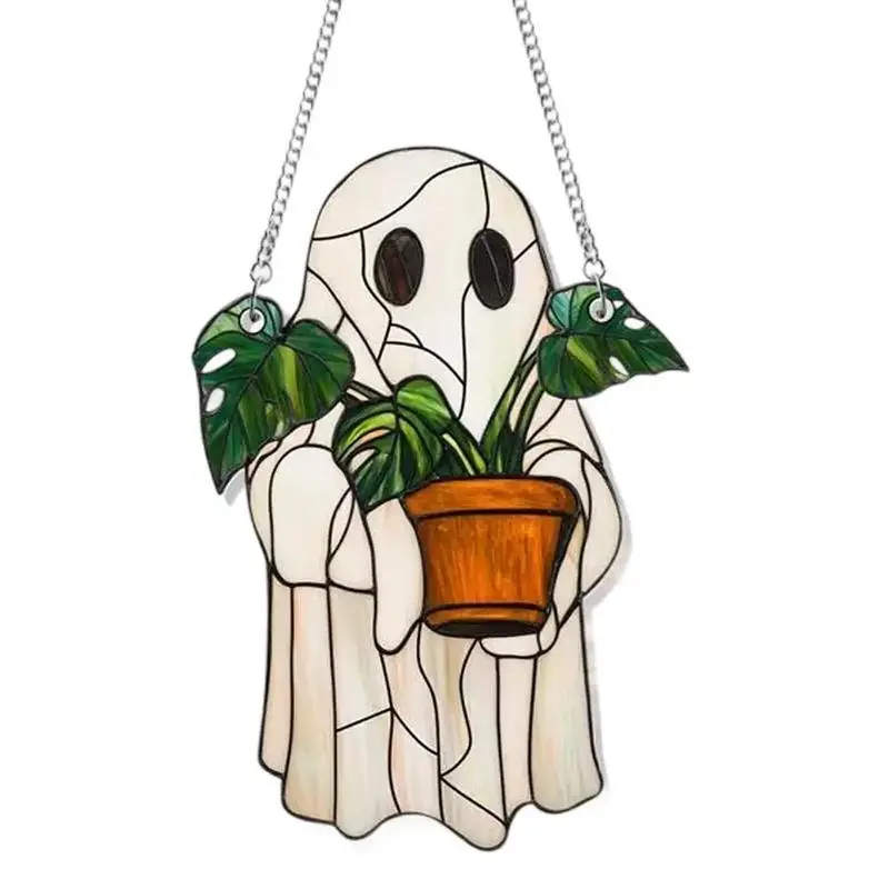 Cute Ghost Stained Glass Suncatcher - 7.8in Handcrafted Festive Halloween Decorations, Ghost-Themed Floating Hanging Ornaments for Plants & Garden, Gift for Friends and Family, Ghost-Themed Hanging Ornaments