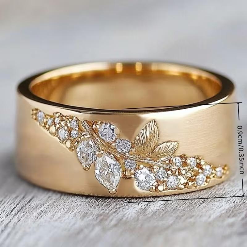 Heart-Melting 18K Gold Leaf & Zircon Inlaid Vintage Wide Band Ring | Valentine's Day Exclusive Gift, April Birthstone, Wedding/Anniversary Present, Daily & Party Jewelry