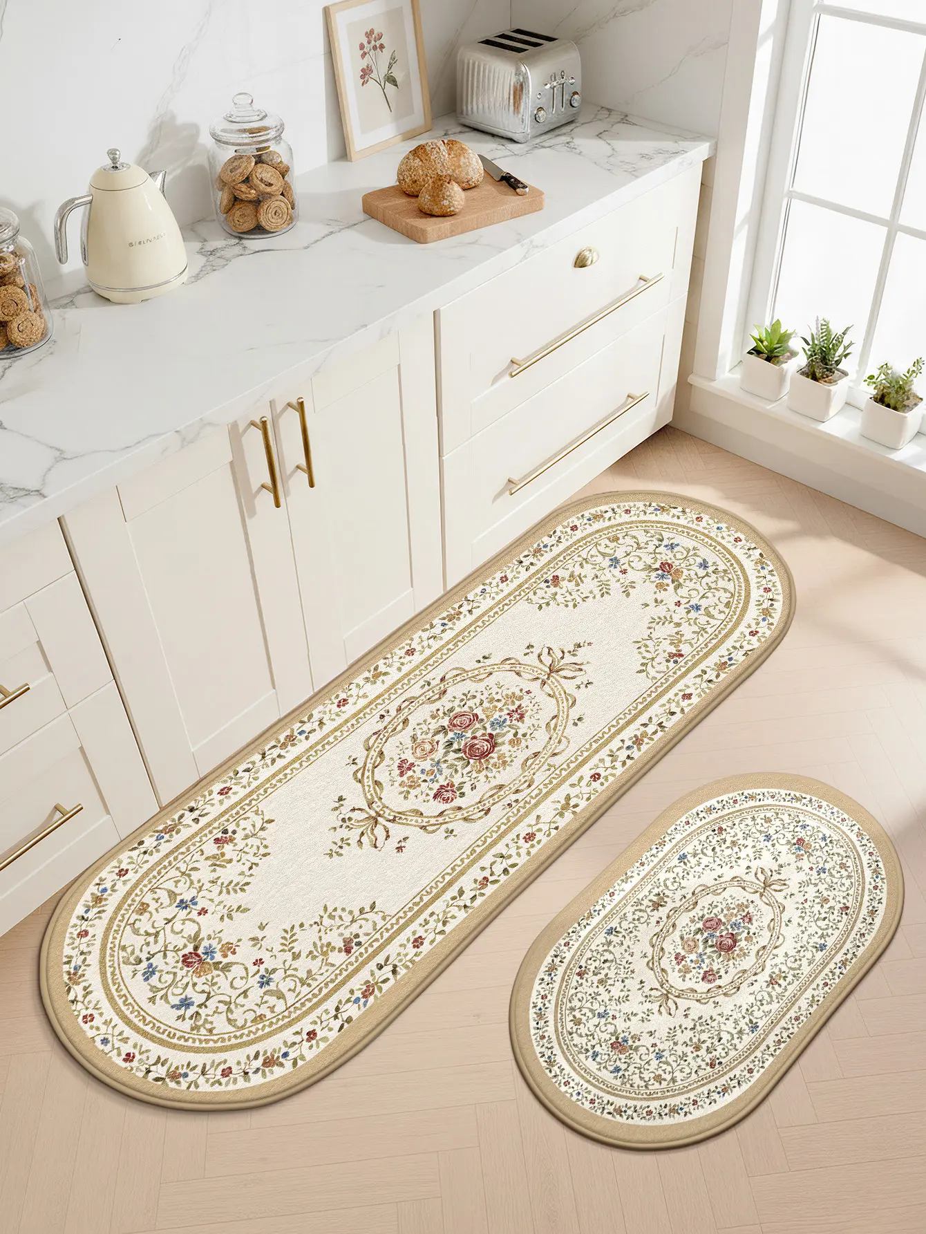 LUMI Ultra-Thin French Victorian Floral Medallion 2-Piece Kitchen Mat & Oval Runner Rug Set – Non-Slip, Washable, Decorative for Entryway, Bedroom & Kitchen Plush Abstract Carpet Bohemian Soft