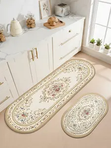 LUMI Ultra-Thin French Victorian Floral Medallion 2-Piece Kitchen Mat & Oval Runner Rug Set – Non-Slip, Washable, Decorative for Entryway, Bedroom & Kitchen Plush Abstract Carpet