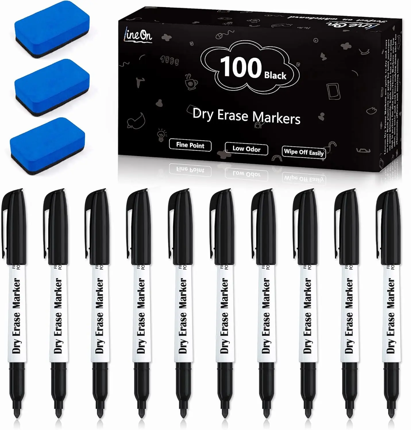 Shuttle Art 100 Bulk Pack Black/Blue Whiteboard Markers with 3 Erasers, Fine Point Dry Erase Markers Perfect For Writing on Dry-Erase Boards, Glass for School Office Home
