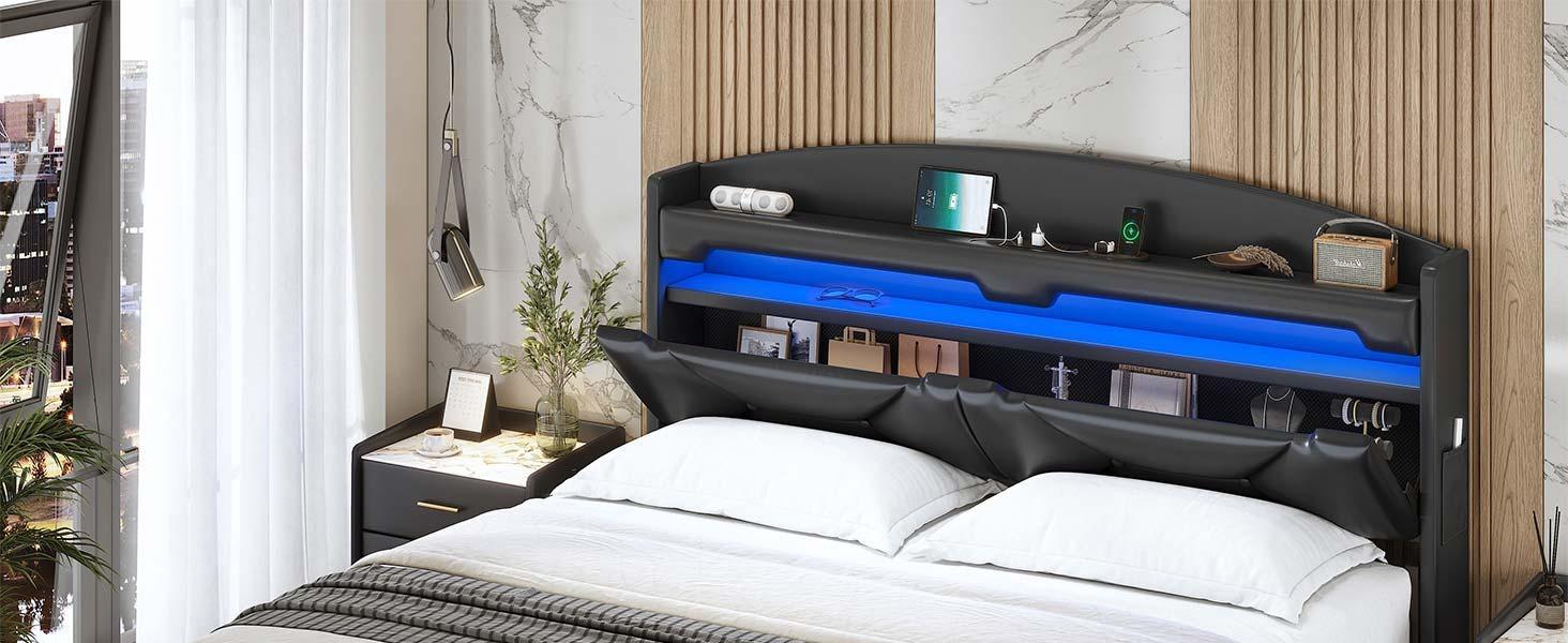 Sikaic RGB LED Floating Platform Bed Frame with Type-C Charging Station & Secret Storage Headboard PU Black Modern Bedroom Furniture