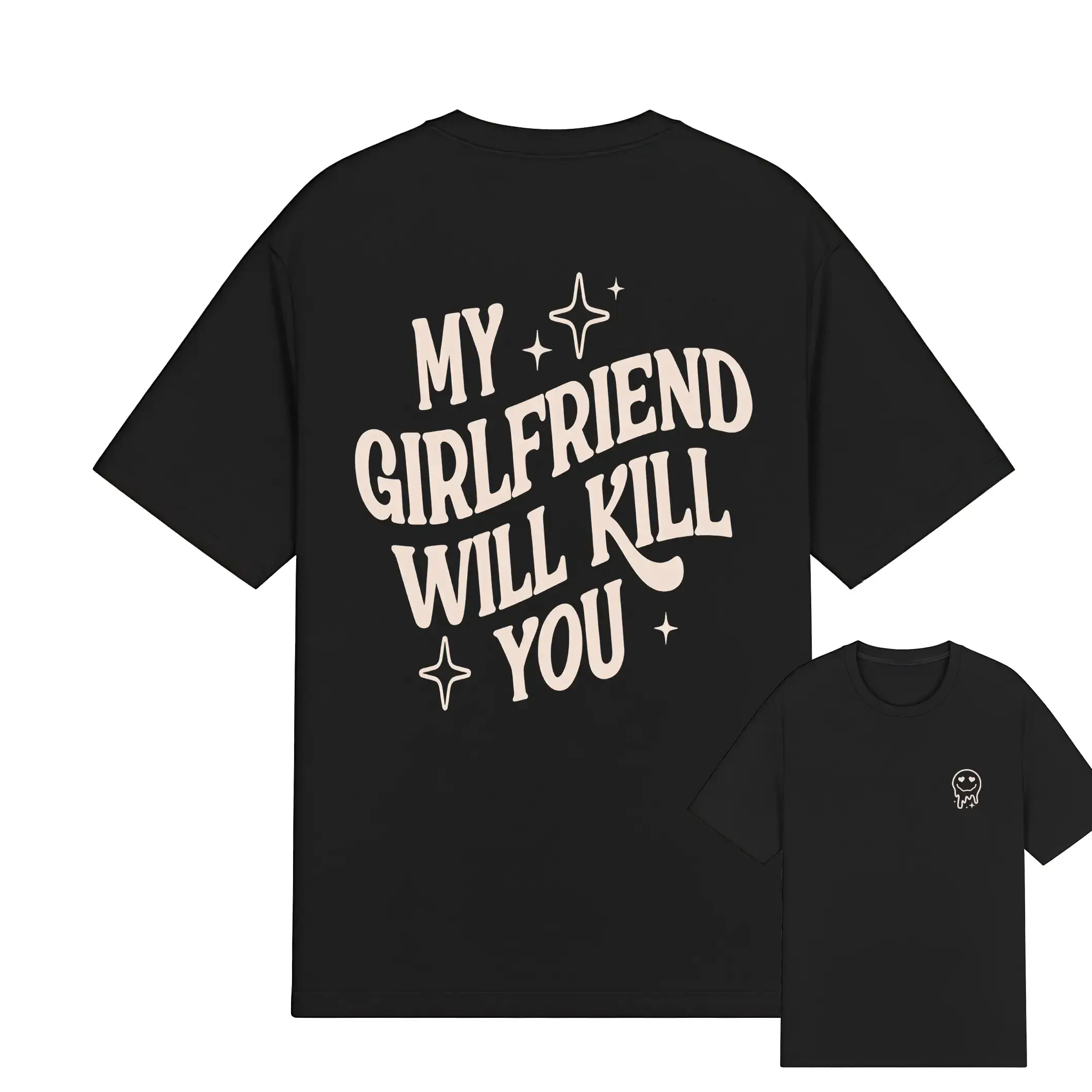 Menswear Unisex Round Neck Short-Sleeve T-Shirt - Bold Text "My Girlfriend or Boyfriend Will Kill You", Regular Fit, Casual Streetwear, Unisex for Couples, Multi-Size, Him Gift Option, All Seasons
