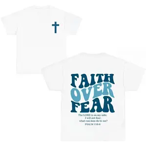 Youth 2 Sided Faith Over Fear Christian T-Shirt, Bible Verse Print Tee, Short Sleeve Cotton Casual Shirt for Youth - Menswear Top-women's shirt, Men’s Casual