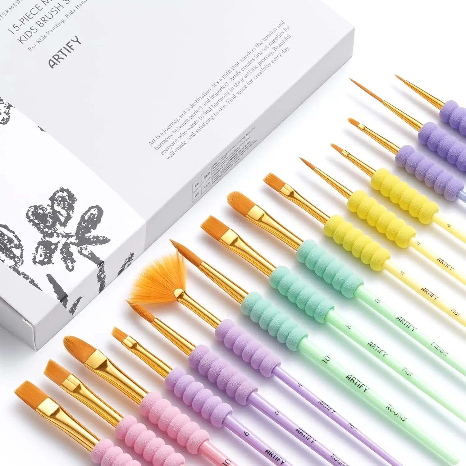Artify Paint Brushes for Kids, 15PCS Paint Brush Set for Kid's Arts and Crafts, Ergonomic Donuts Handle | Macaron Colors Kids Paint Brushes, for Acrylic, Oil, Watercolor, Gouache, Paint by Numbers