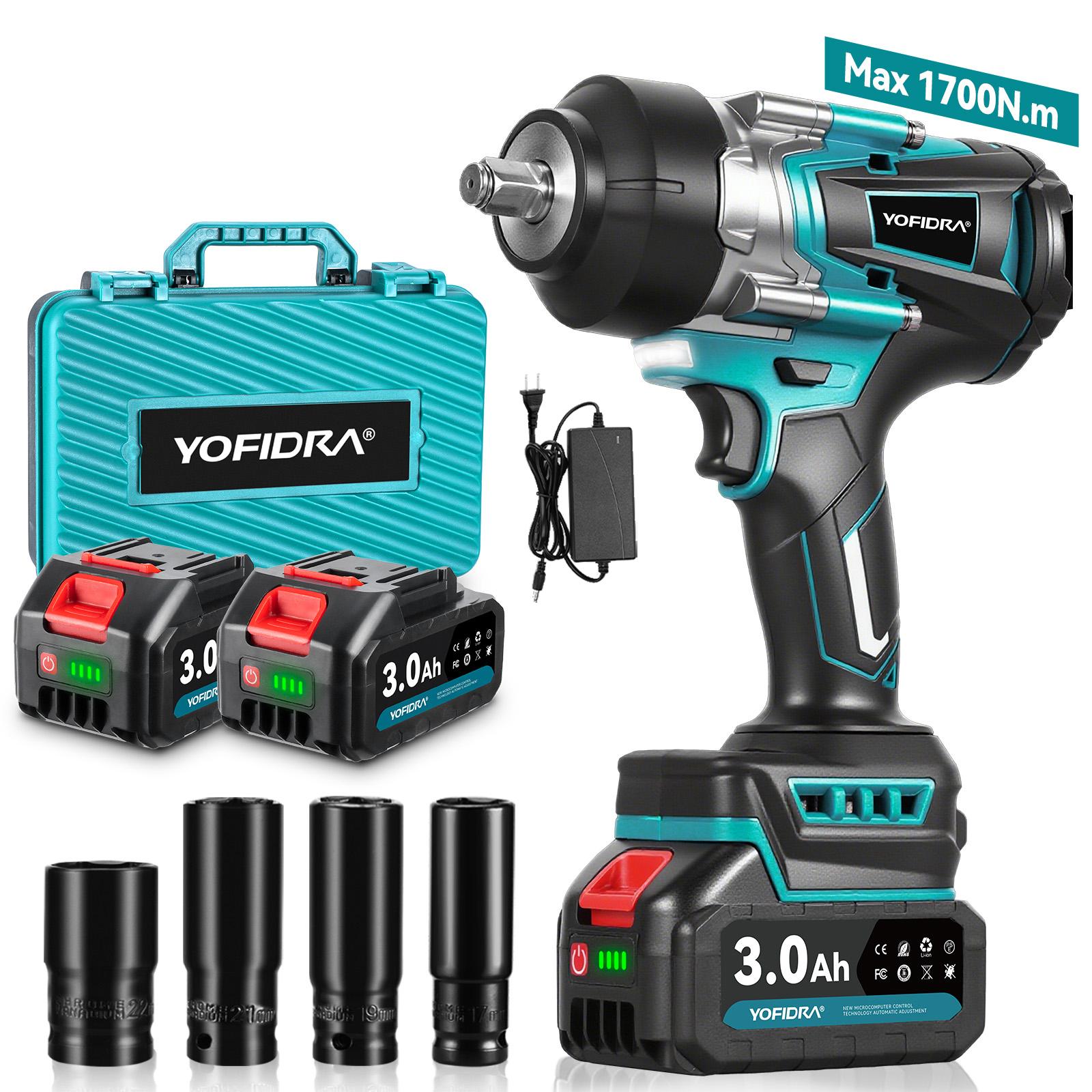 YOFIDRA Cordless Impact Wrench 1/2" Drive 1700Nm High Torque Power Tool Kit, 3-Speed Brushless Electric Wrench with 2×3.0Ah 1500mAh Batteries, Fast Charger, 17/19/21/22mm Sockets, LED Light, Compatible with Makita 18V Battery half inch