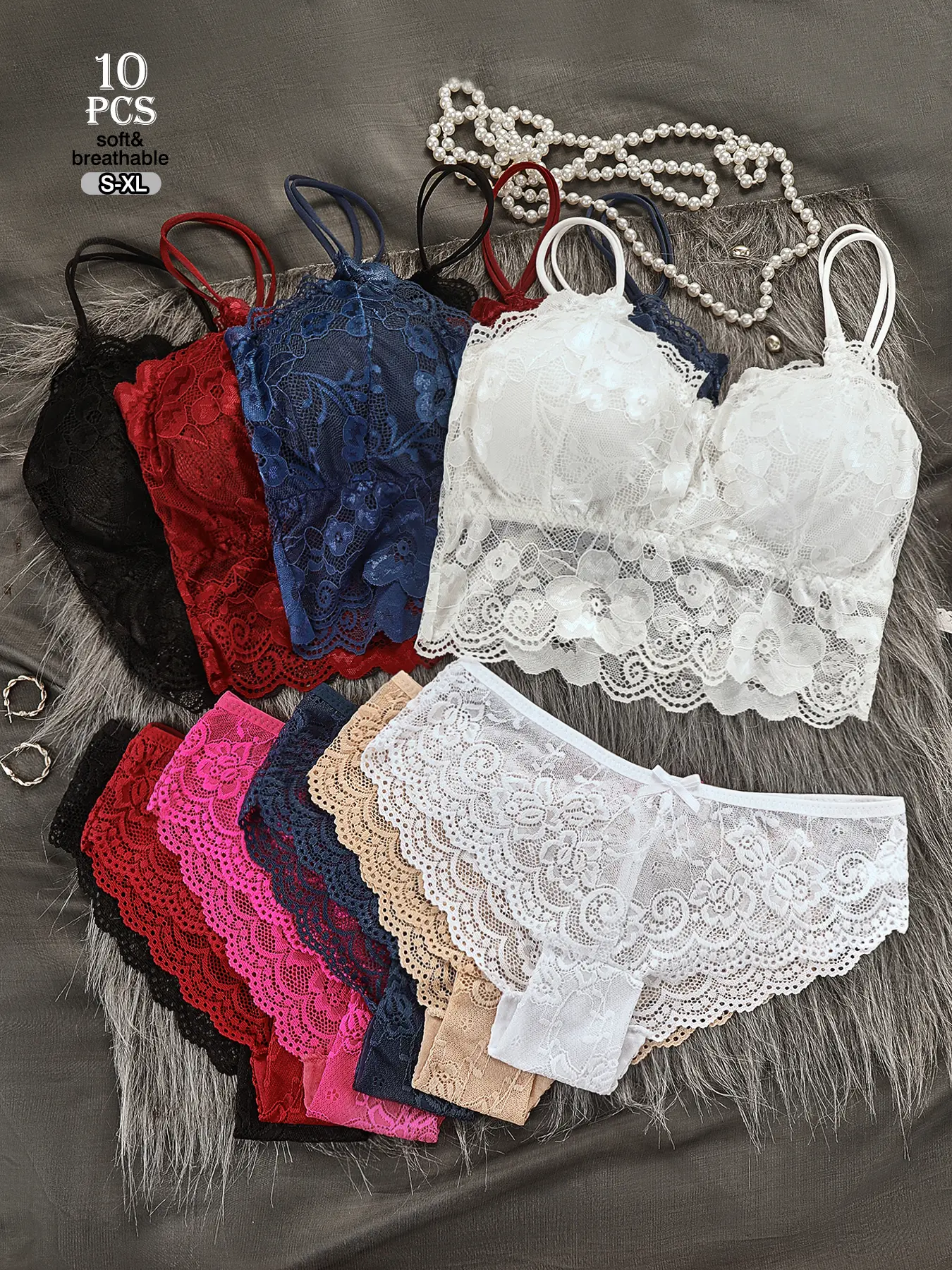 Women's 10-Piece Lace Printed Underwear Sets, Breathable Bridal Lingerie with V-Neck Thongs, Confident Fit, Multi-Color/Mixed Color, Basic Minimalist Design, Size S-XL