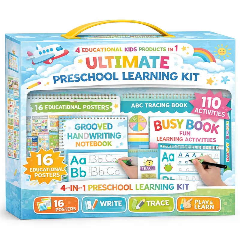 Hadley Designs 174-Piece Busy Book Preschool Learning Bundle (Ages 3-5) - Homeschool Alphabet Kit with 4 Grooved Books, Handwriting, ABC Tracing, Montessori Activities, Playroom & After-School Supplementing, Kindergarten Readiness
