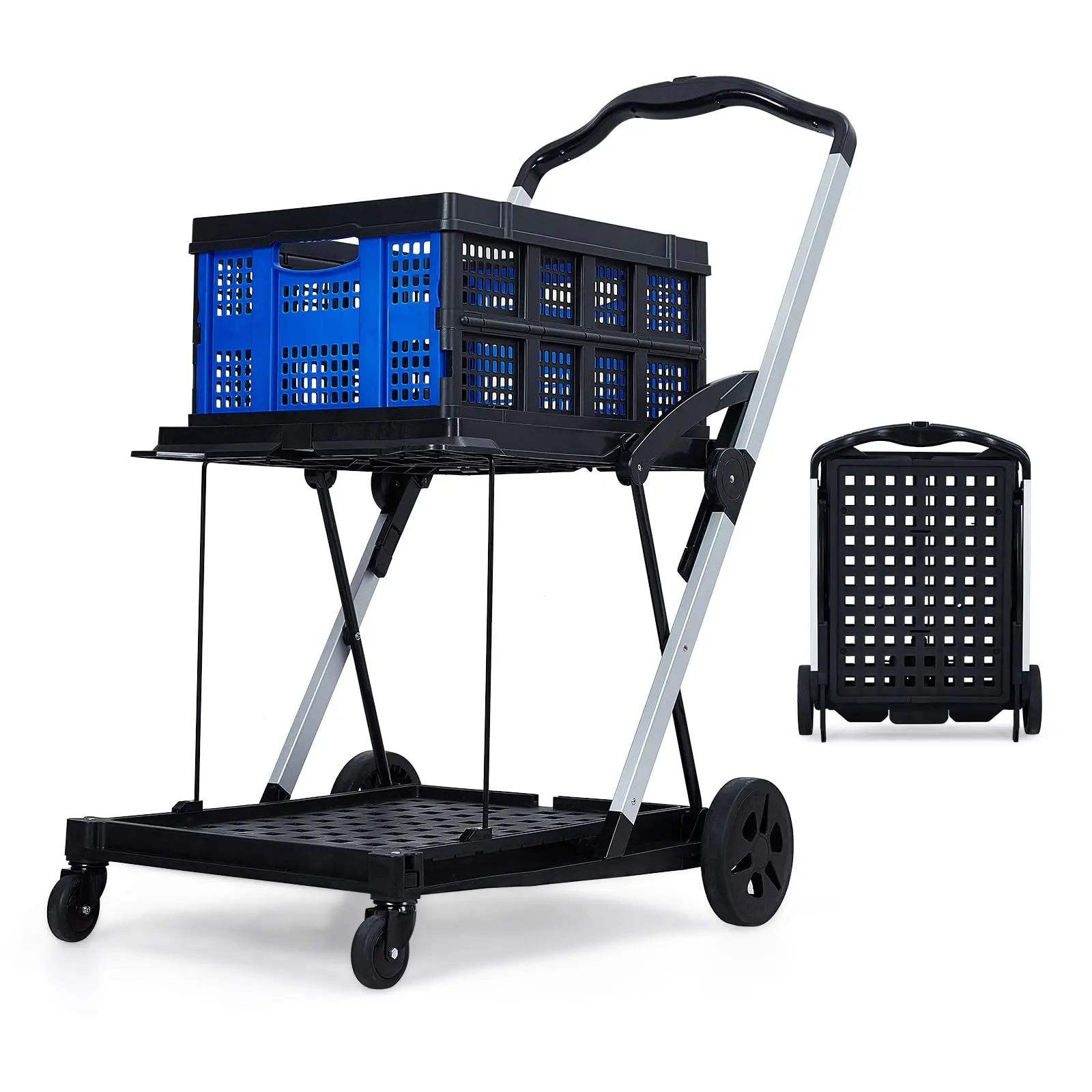 GARVEE Collapsible 2-Tier Rolling Storage Cart with Removable Crate, Multi-Use Folding Portable Grocery Cart on Wheels for Home, Office, Picnic, and More