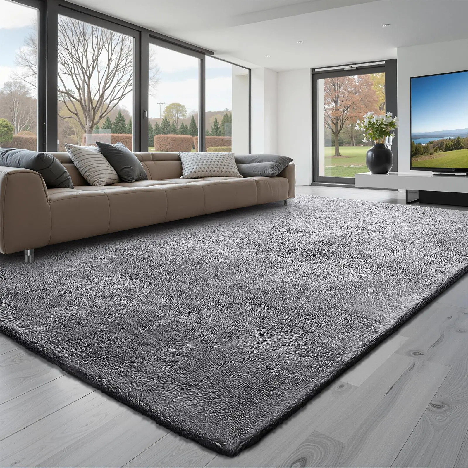 【SummerFinds】VEVOR Indoor Plush Area Rugs, 8 x 10 ft Soft Plush Carpet, Furry Shag Area Rugs for Living Room, Bedroom, Sunroom, Modern Home Decor Aesthetic, Non-Shedding, Non-Woven, Slip-Resistant, Smoke Gray