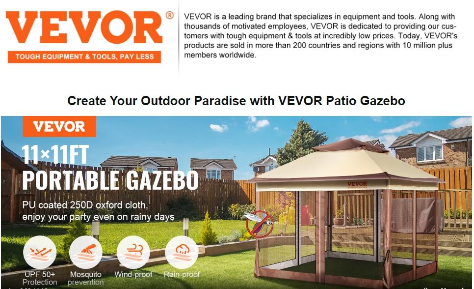 VEVOR Outdoor Canopy Gazebo Tent, TikTokShopBlackFriday, Portable Canopy Shelter with Large Shade Space,  Mosquito Netting & 4 Sandbags for Party, Backyard, Patio Lawn and Garden