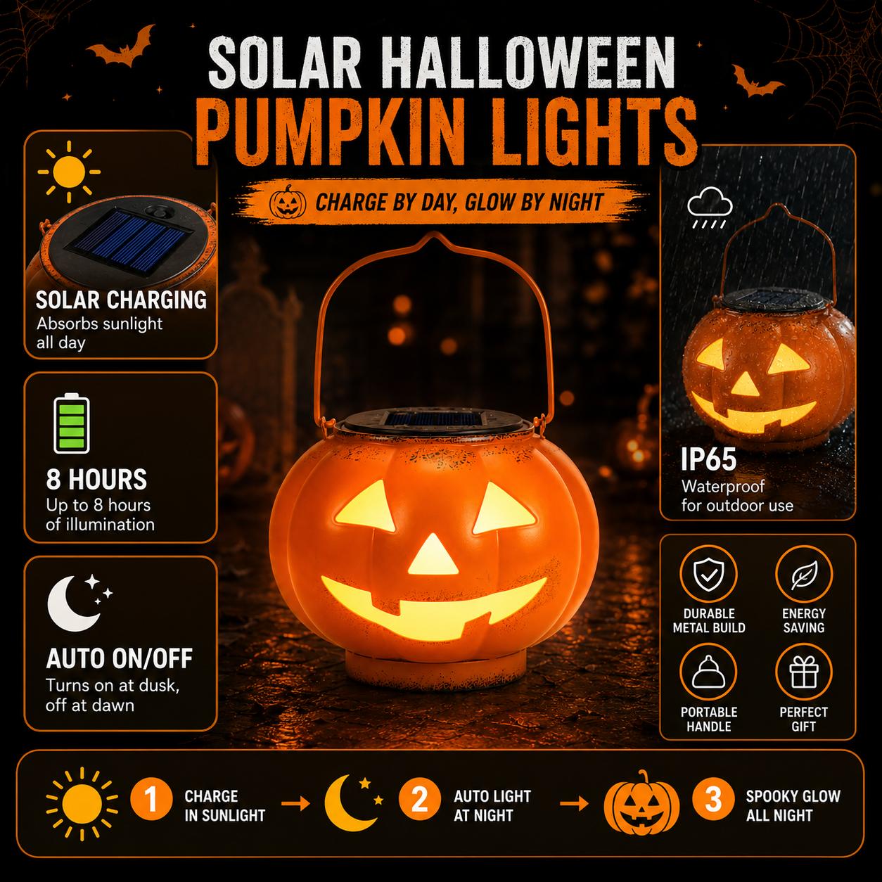 Halloween Solar Jack-O-Lantern Hanging Light, Auto On/Off Pumpkin Solar Lantern, Waterproof Outdoor Spooky Decor for Garden Front Door Lawn