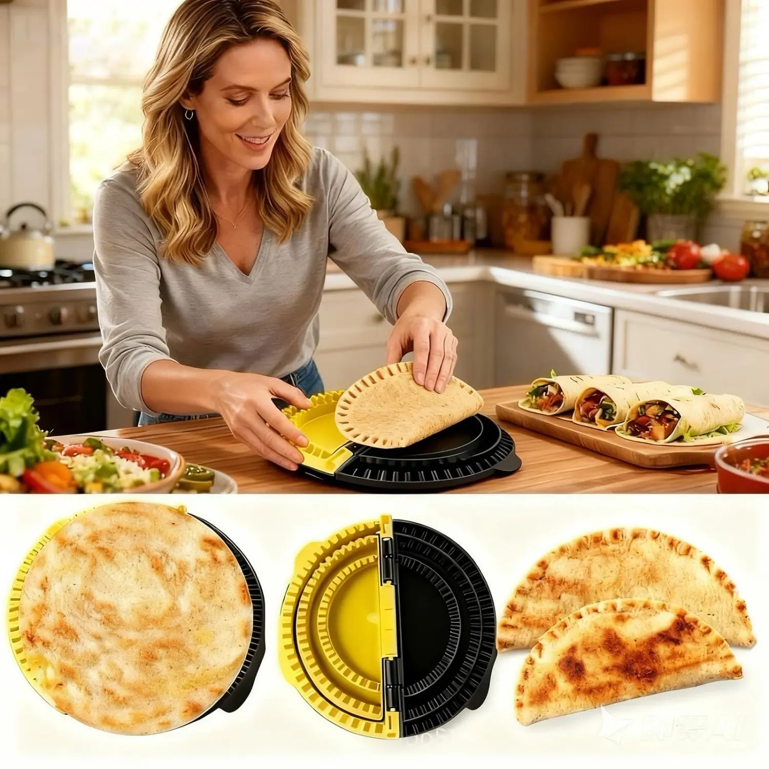 Plastic Tortilla Sealer & Crimper Set - Nested Large Detachable Sturdy Kitchen Utensils Gadgets with 2 Separate Parts, Adjustable 6-8-10in Reusable Oil-Resistant Tool for Meal Prep, Protein Snacks, School Lunches