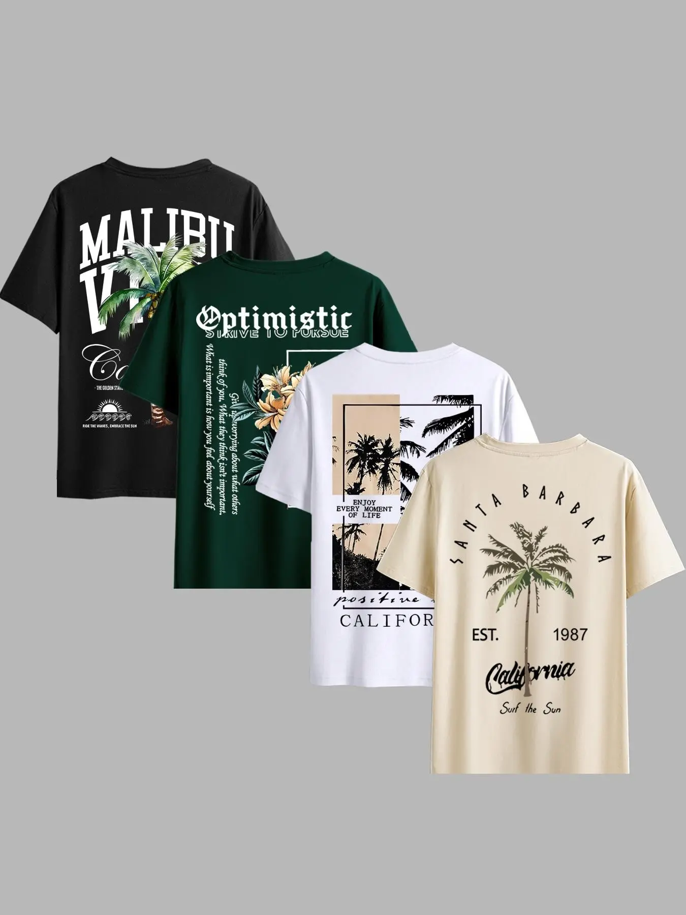 Men's 4-Piece Beach Coconut Tree Print Tropical Round Neck Short Sleeve T-Shirt Set, Casual Comfortable Summer Outdoor Wear
