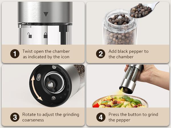 Ultrean Electric Salt & Pepper Grinder Sets - Rechargeable, Automatic with Adjustable Coarseness (6 Settings) , One-Hand Operated, For Kitchen, Gift