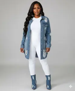Long Length Denim Distressed Shirt Jacket
