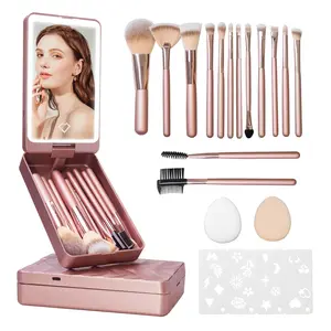 Travel Makeup Brush Set - 21 Pcs Foundation Powder Concealers Eye Shadows with LED Light Mirror, Pink