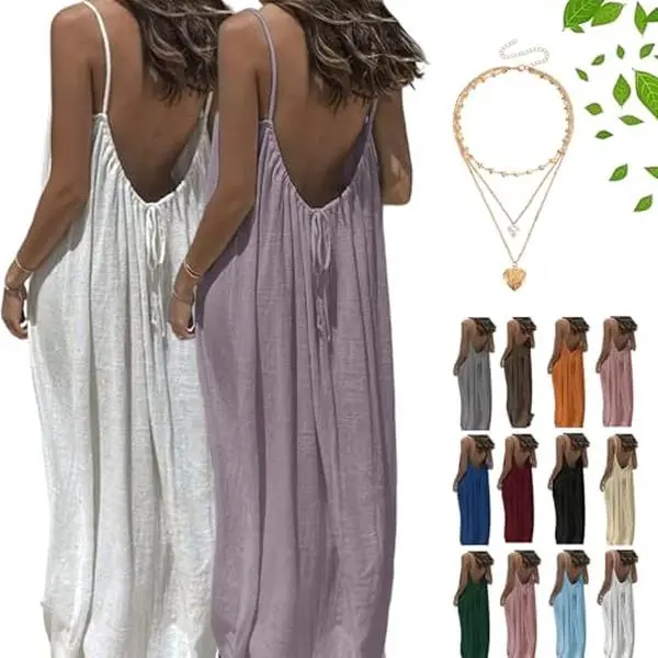 Women's Drapey Solid Maxi Dress, Pleated Backless Cami with Adjustable Spaghetti Straps, Vacation Beach Cover Up, Chic, Photoshoots, Fashion, Sexy, Hats, Thin, Loose, Elegant, Casual, Dresses, Holiday, Breathable, Minimalist