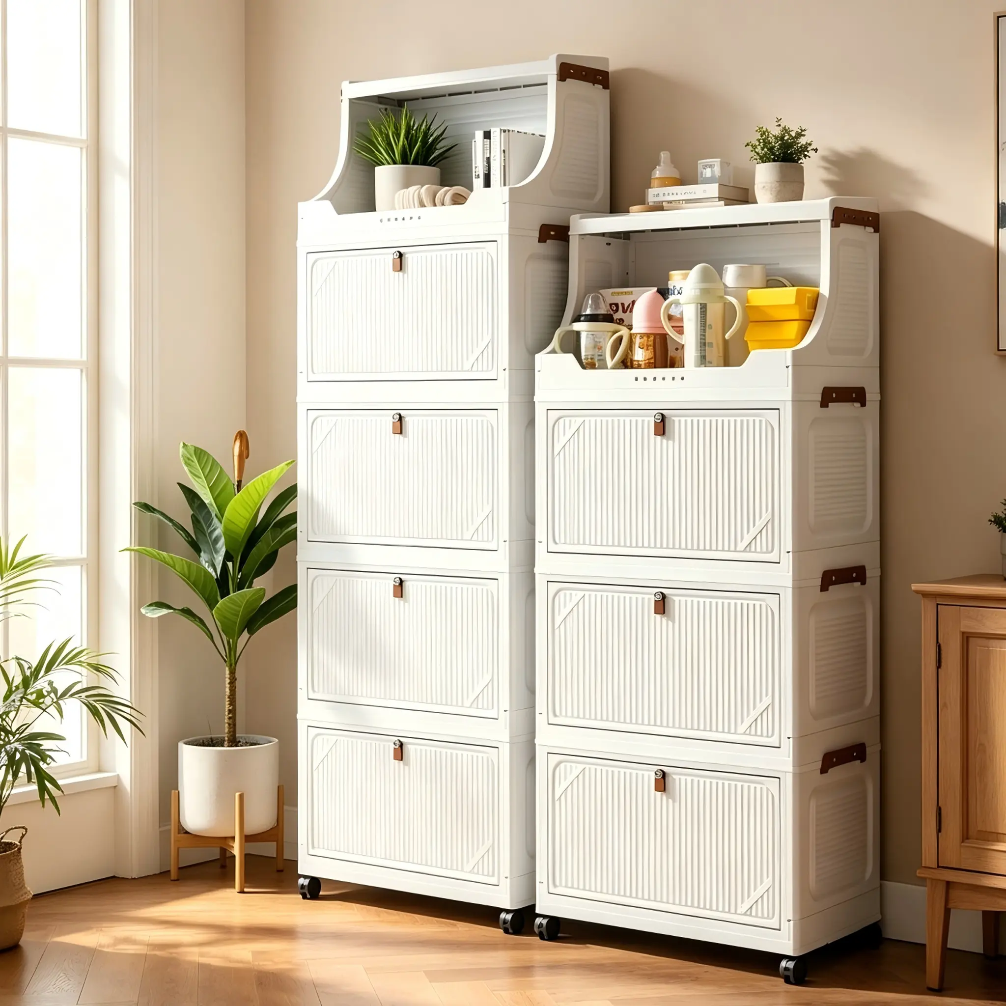 3/4/5/6 Tier Stackable Foldable Plastic Storage Cabinet with Open Top Shelf & Front Flip Doors, No Assembly Mobile Storage Organizer, Space-Saving Large Capacity Storage Bin for Bedroom, Closet, Kitchen, Pantry, Bathroom, Books, Toys, Clothes, Snacks
