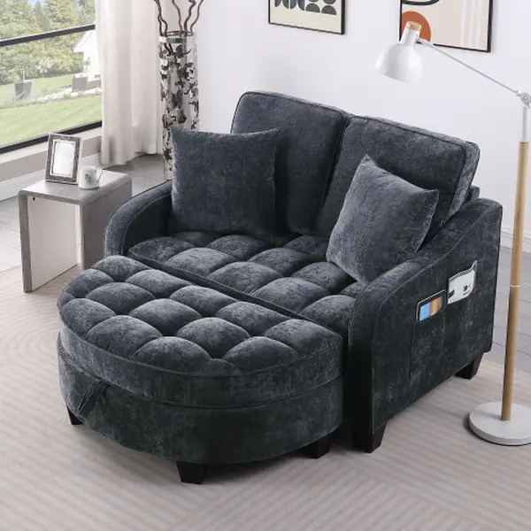 2-Seater Corduroy Curved Upholstered Couch - Irregular Armrests, Irregular Backrests, Storage Footrest, 2 Small Throw Pillows - for Living Room, Bedroom, Curved Sofa