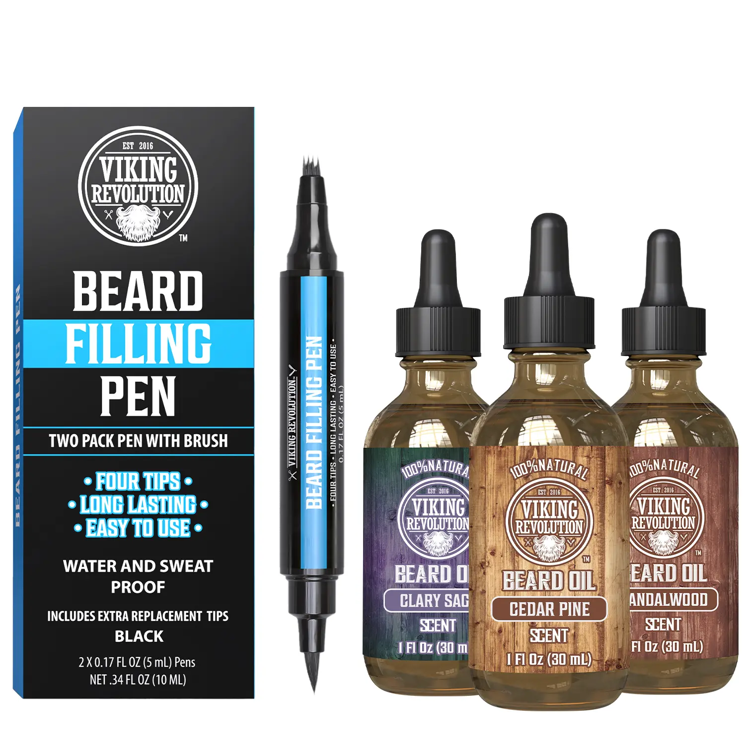 Viking Revolution 3 Pack Beard Oil & Beard Filling Pen Bundle - Argan & Jojoba Oils Moisturizing in: Sandalwood, Cedar & Pine, Clary Sage scents (1oz each) + Black Beard Pen 2 Pack, Includes a Brush
