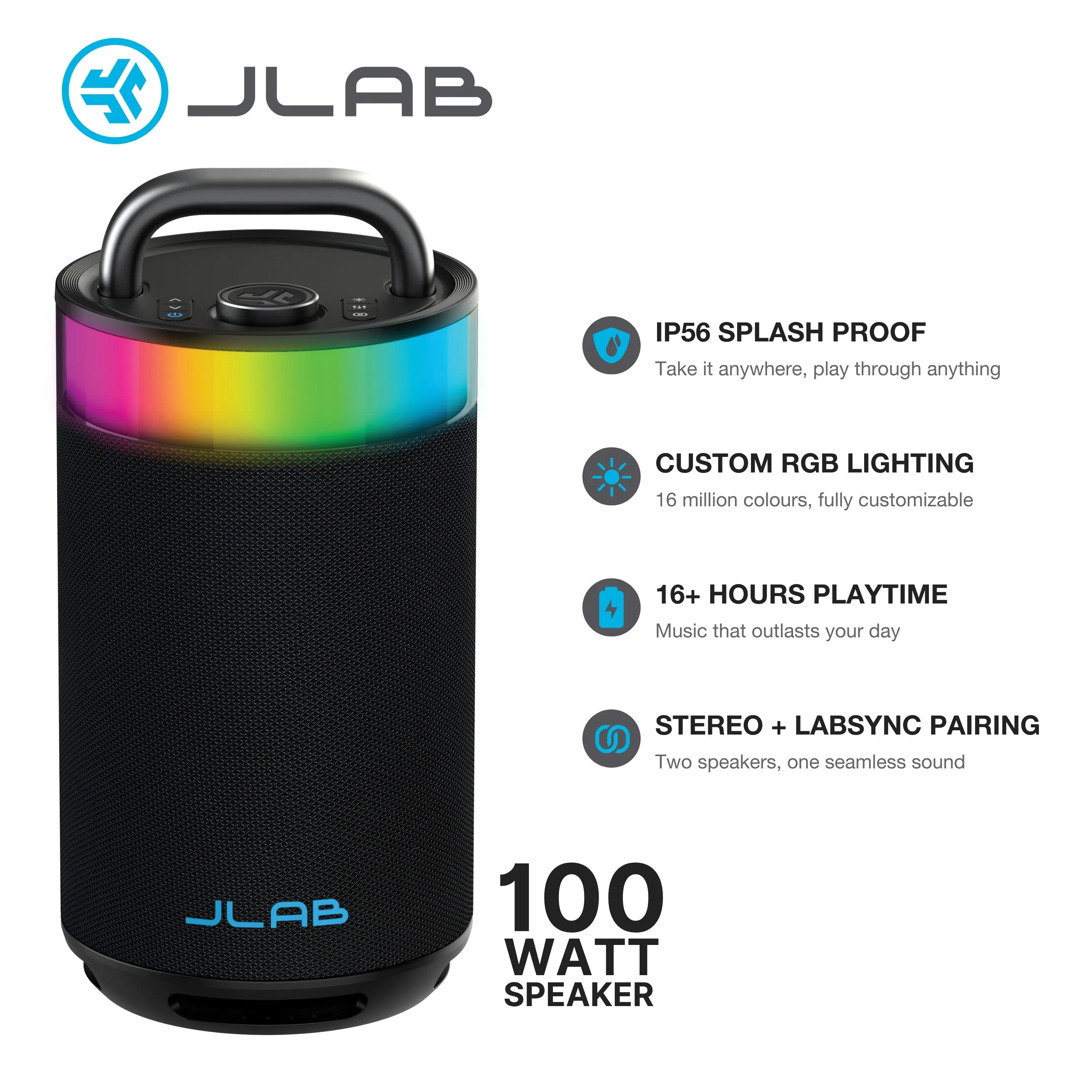JLab Epic Party Portable 100W Bluetooth Speaker with 4 Drivers 16+ HR Playtime RGB Lighting IP56 Waterproof Lab Sync 3.5mm AUX USB-C Charging Audio Cable Handle