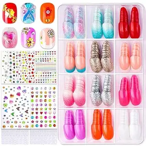 Press On Nails for Girls 12 Styles Kids Press On Nail Kit with Heart Fruit & Flower Nail Stickers 3D Rhinestone Face Gems Mermaid Nail Art Set for Kids