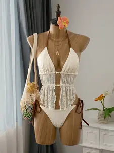 Bellisia Women's Floral Lace Mesh Beaded Halter Neck Tankini Swimsuit Set With Contrast Color Drawstring Bottoms, Suitable For Spring/Summer Vacation Vintage Swimsuit Fringe Bathing Suit Boho Swimsuit Cream Halter Swimsuit Cream Bathing Suit