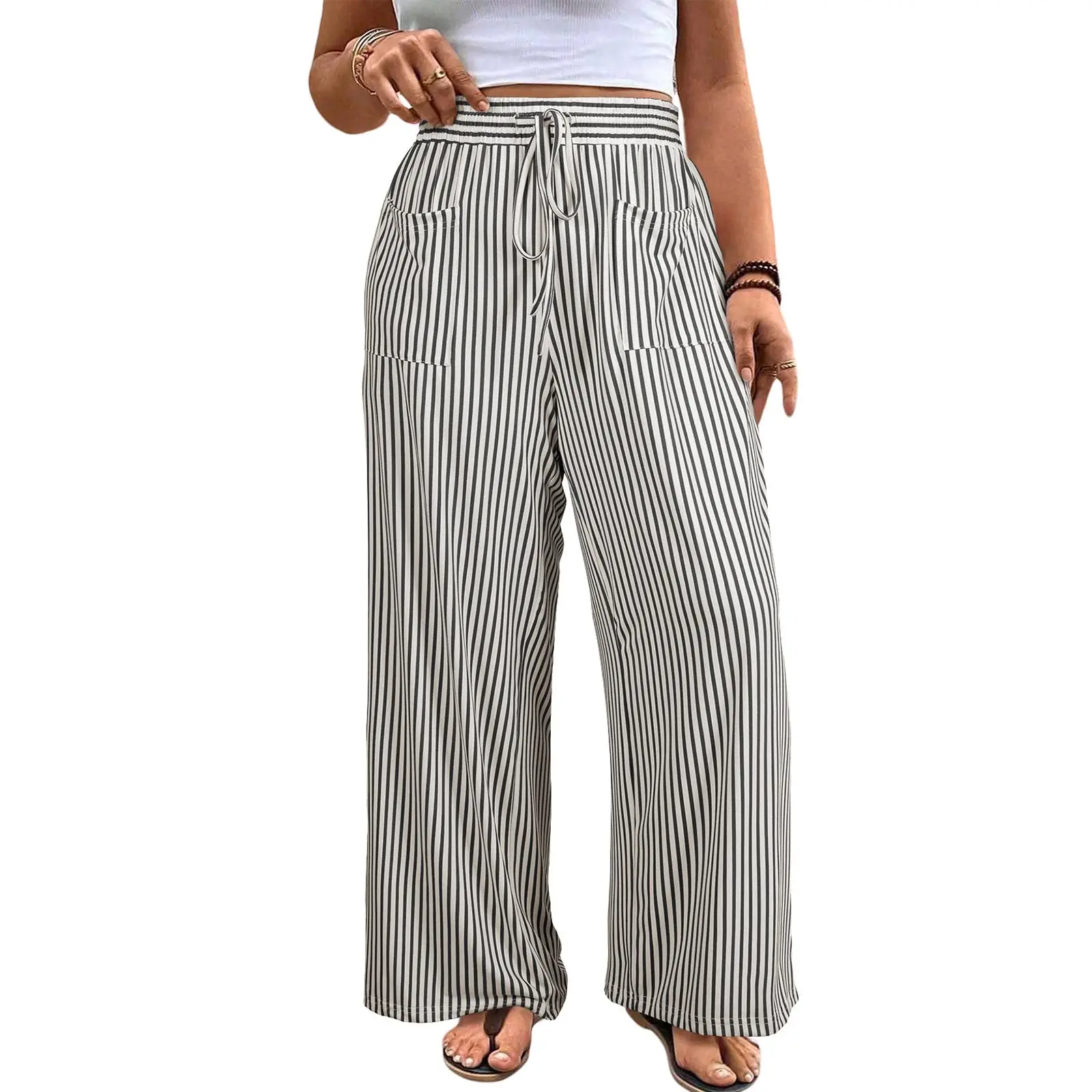 Eytino Womens Plus Size Wide Leg Pants Elastic High Waist Striped Casual Palazzo Pants Lounge Trouser with Pockets (1X-5X)