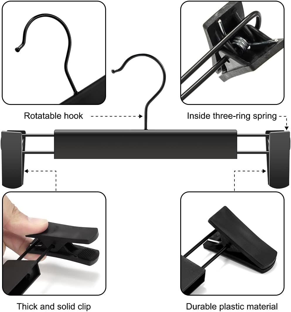 10 Pack Clothes Pants Hangers, Space-Saving Skirt Holders with 360 ° Swivel Hooks, Adjustable Clips, Trouser Coat Garment Jeans Black