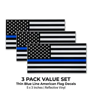 3PC Reflective Thin Blue Line Decal - 5x3 Inches - American Flag Thin Blue Line Sticker - Police Stickers - Blue Lives Matter Sticker - Back The Blue Car Decal Law Enforcement Flag Car Bumper Window