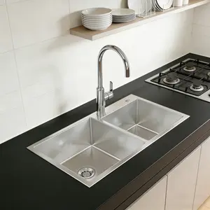 Stainless Steel Kitchen Sink, 32″x19″ Double Bowl in Brushed Nickel, Overmount Handmade Sink, with US Standard Drain and Hook, LS-SSBR03