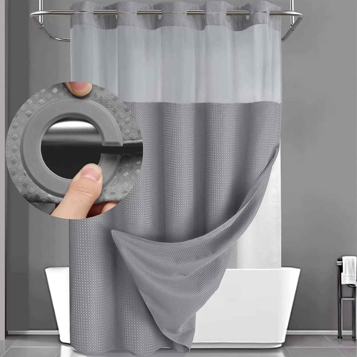 No Hook Washable Waffle Weave Shower Curtain with Snap in Liner -Waterproof Double Layer Shower Curtain With WashableInner Liner,  72 x75 Inch Showercurtain