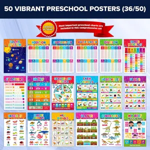 Decorably 50 Pack Vibrant Kindergarten Preschool Learning Posters for Toddlers 1-3, 11x17in Educational, Matte-Laminated Classroom Decor for School Hallways, Bulletin Boards, Home Study Room